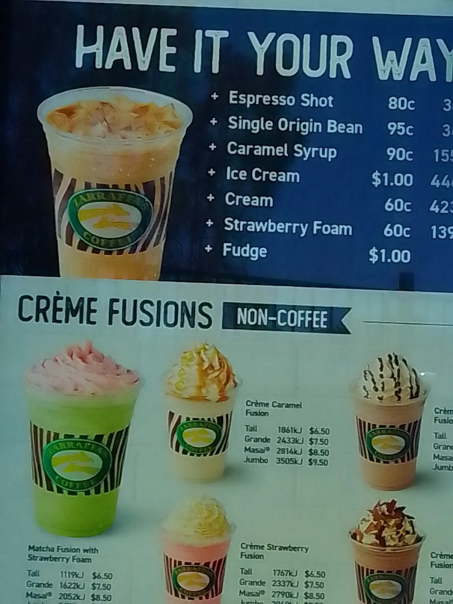 Menu, Zarraffa's Coffee Currumbin
