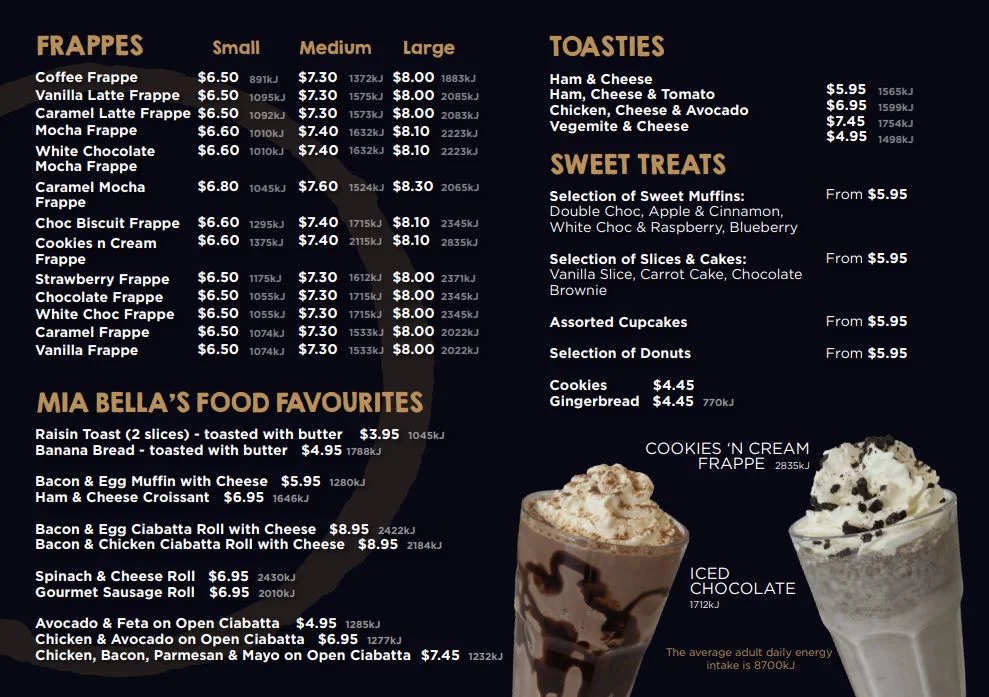 Menu, Mia Bella’s Coffee Drive Thru Strathpine