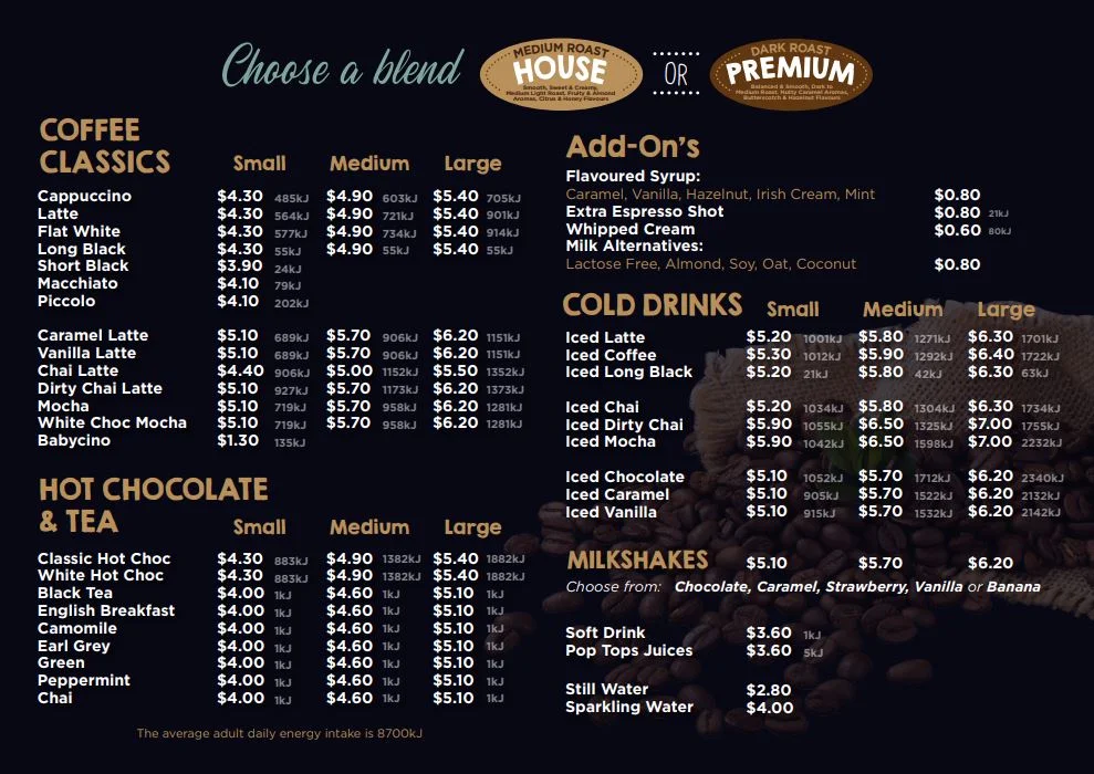 Menu, Mia Bella’s Coffee Drive Thru Strathpine