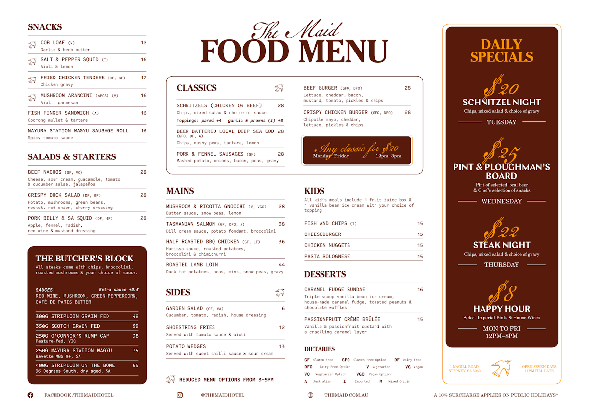 Menu, The Maid Hotel