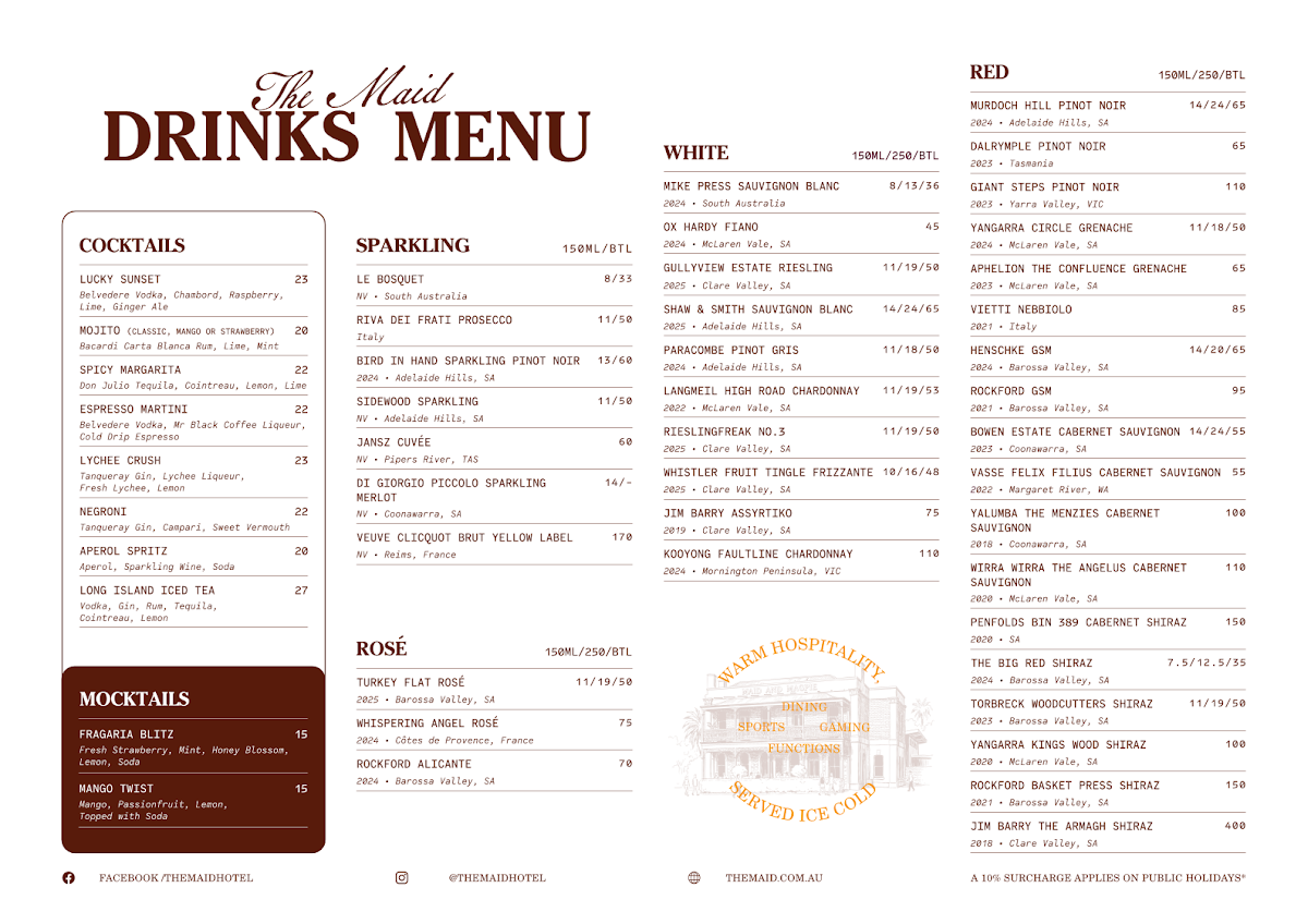 Menu, The Maid Hotel