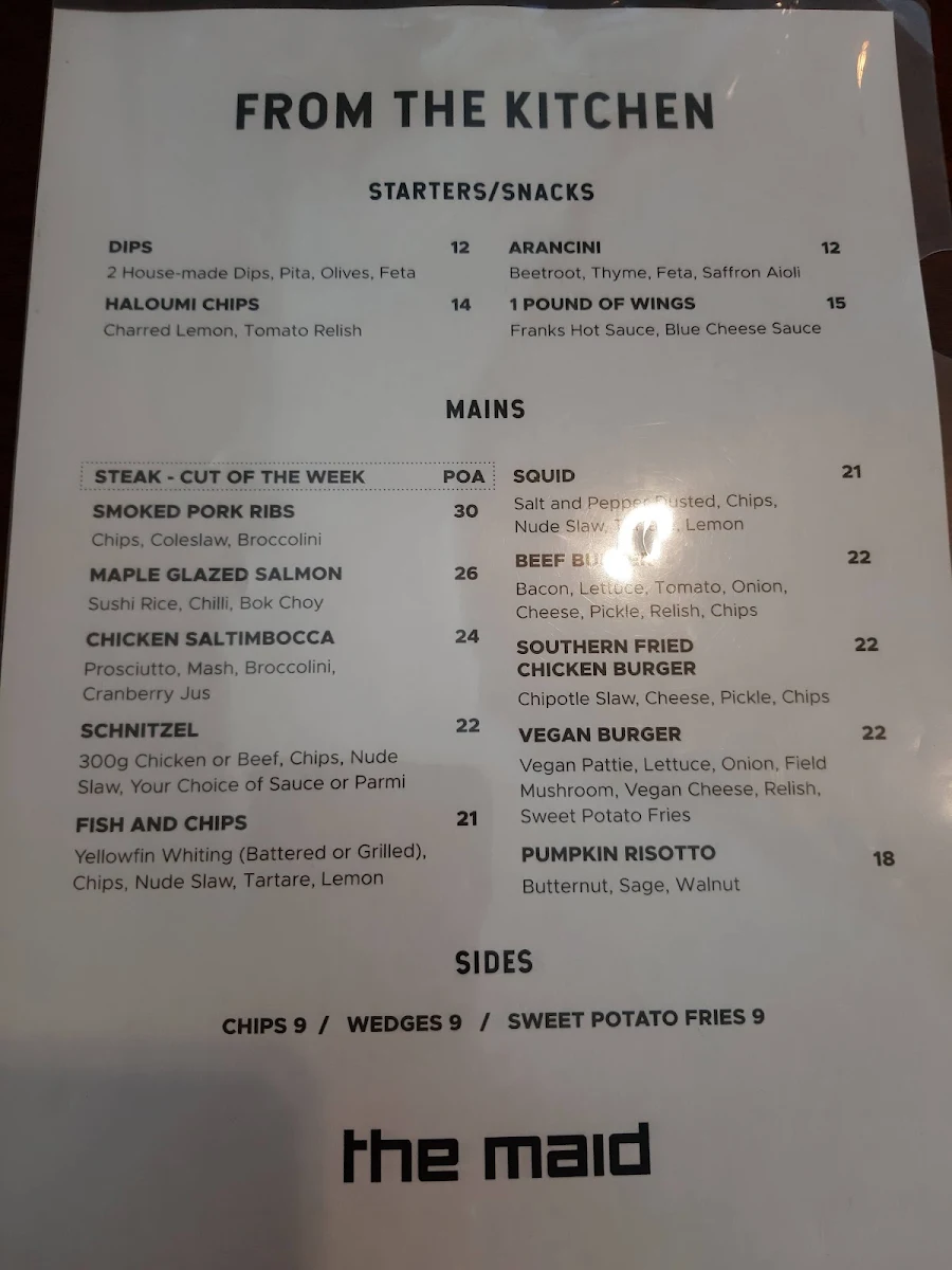 Menu, The Maid Hotel