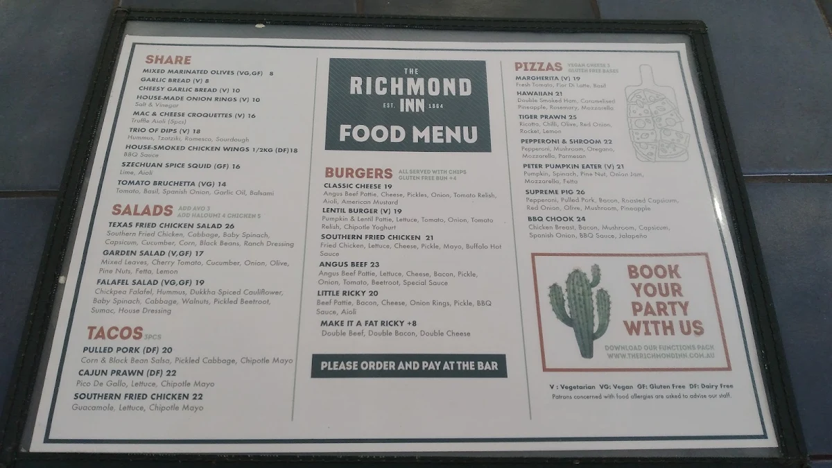 Menu, The Richmond Inn