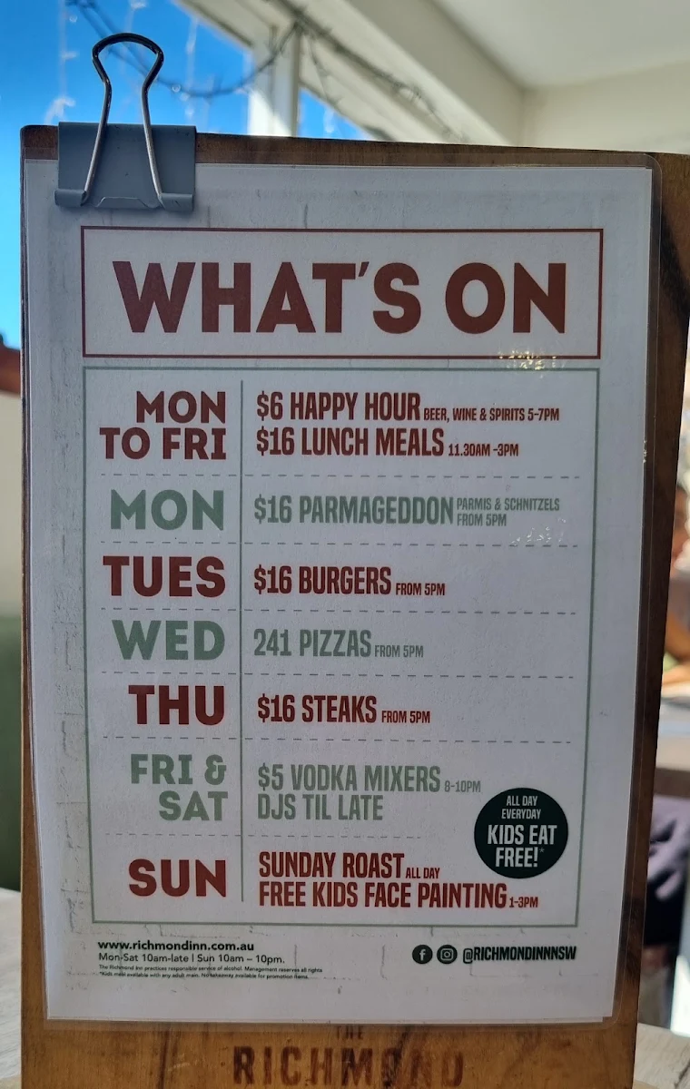 Menu, The Richmond Inn