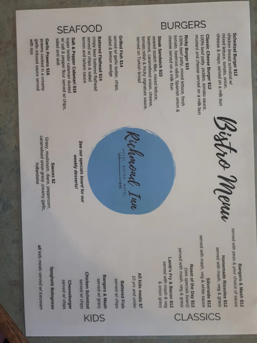 Menu, The Richmond Inn