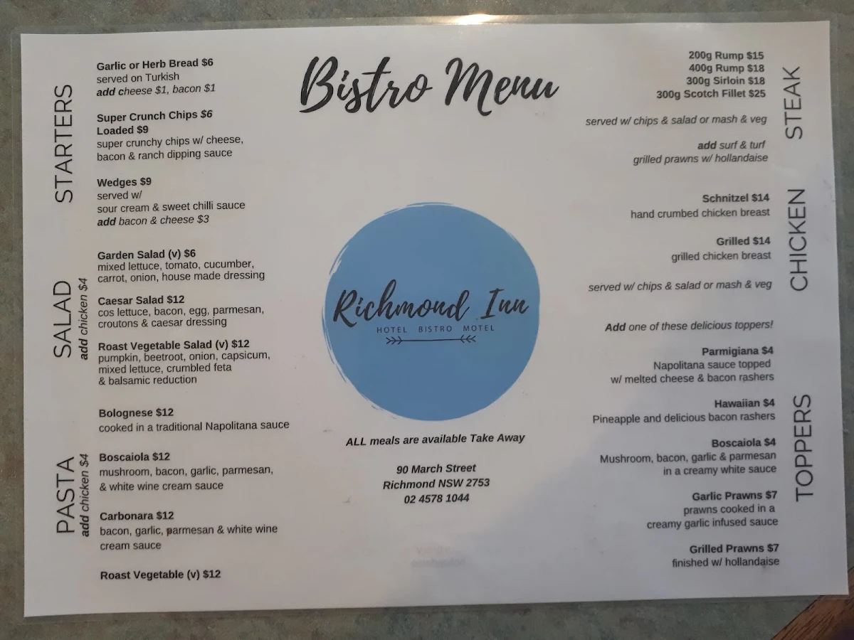 Menu, The Richmond Inn