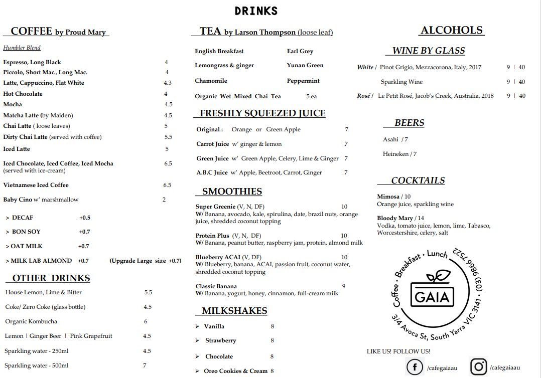 Menu, Cafe Gaia