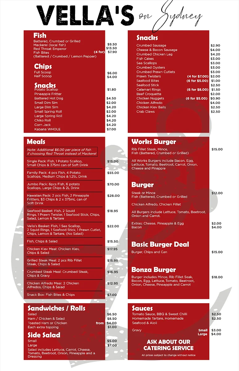 Menu, Vella's on Sydney