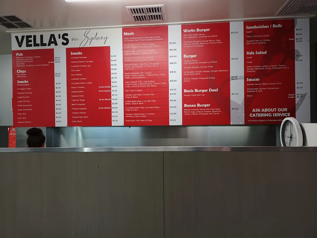 Menu, Vella's on Sydney