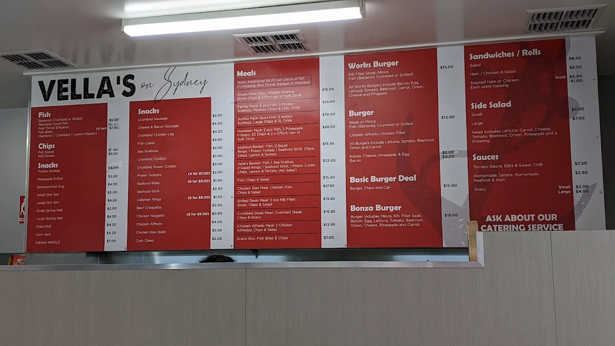 Menu, Vella's on Sydney