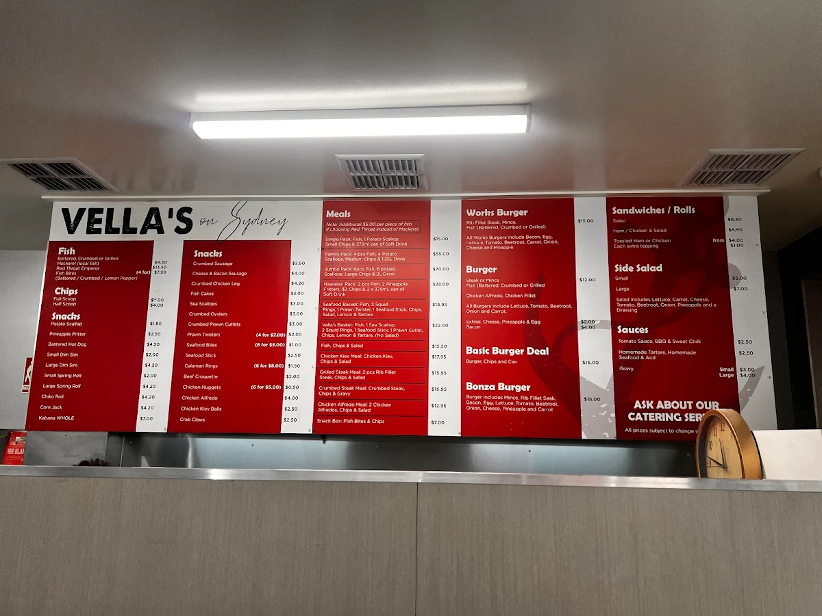 Menu, Vella's on Sydney