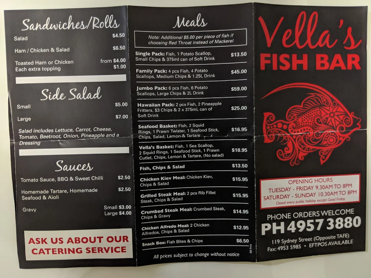 Menu, Vella's on Sydney