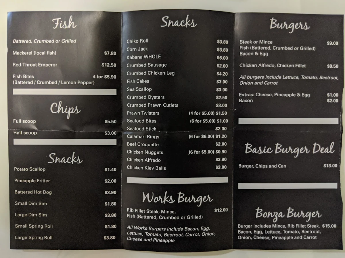 Menu, Vella's on Sydney