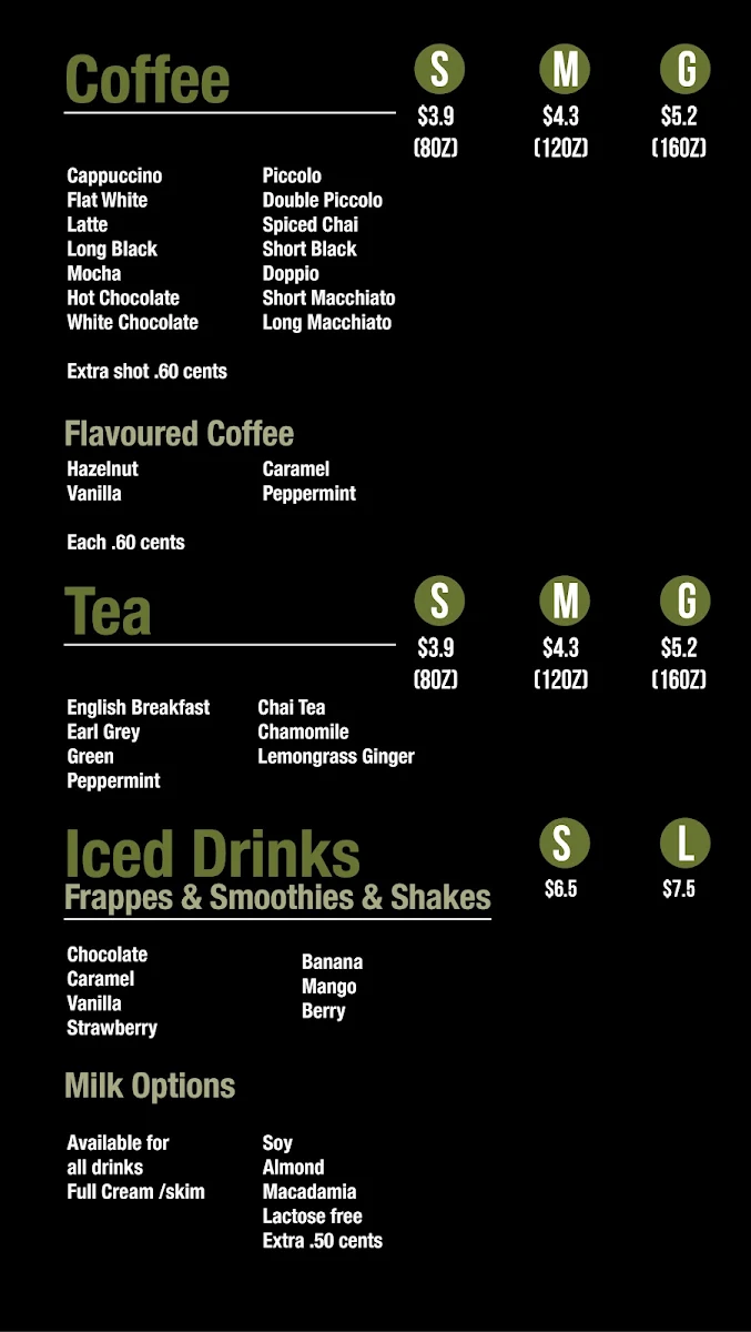 Menu, Urban Q Coffee and Catering