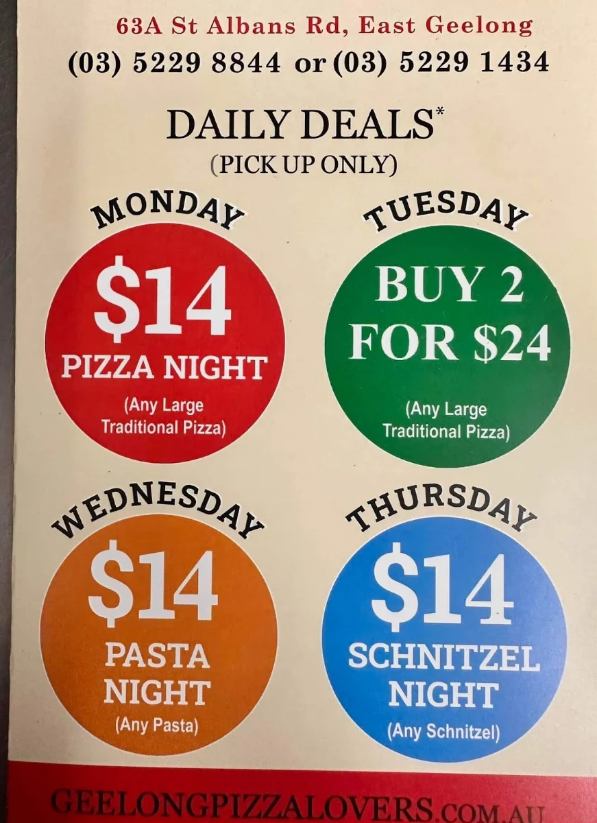 Menu, Geelong Pizza Lovers
