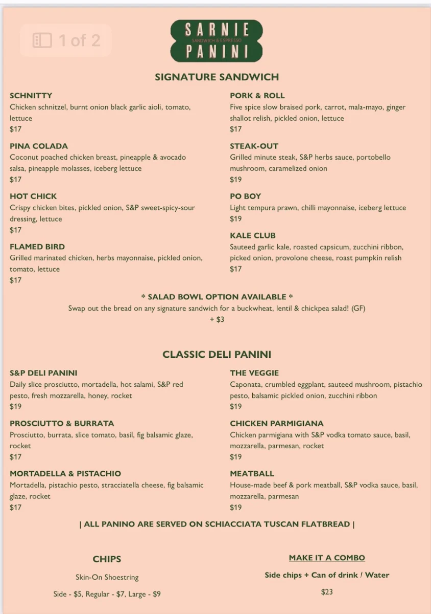 Menu, Sarnie & Panini