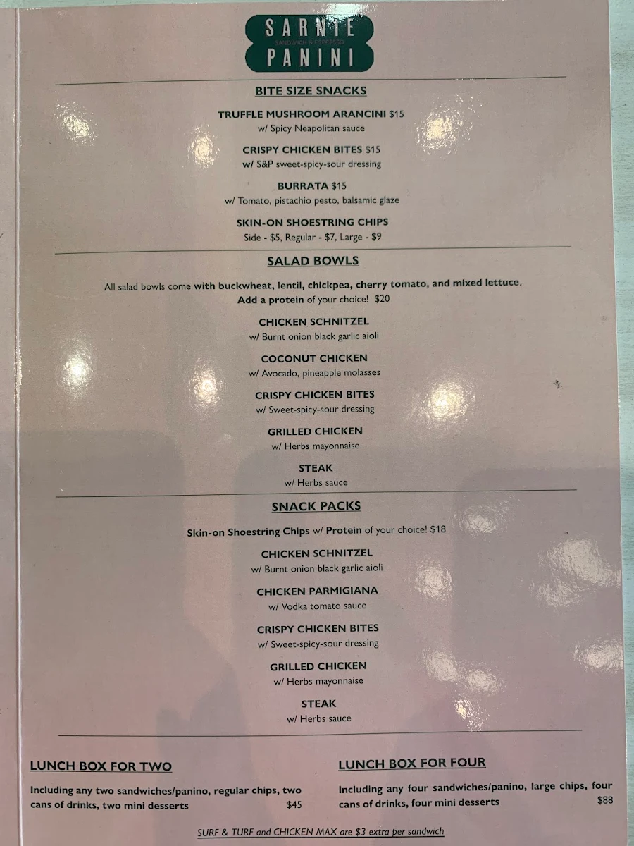 Menu, Sarnie & Panini