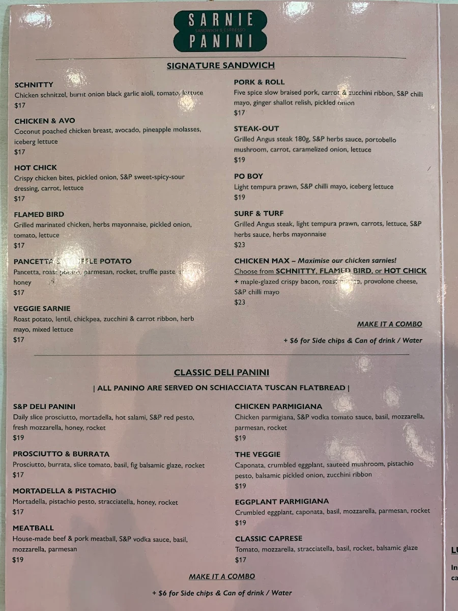 Menu, Sarnie & Panini