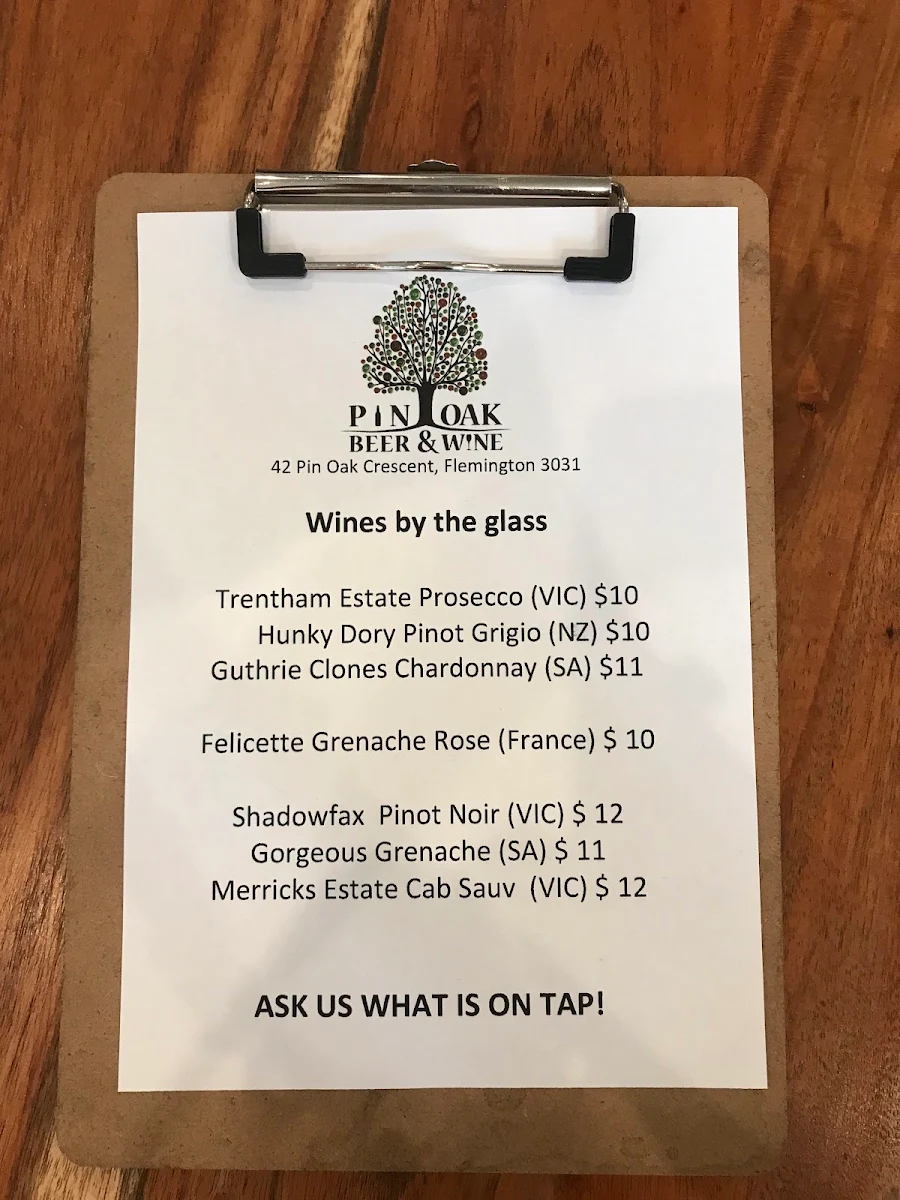 Menu, Pin Oak Beer & Wine