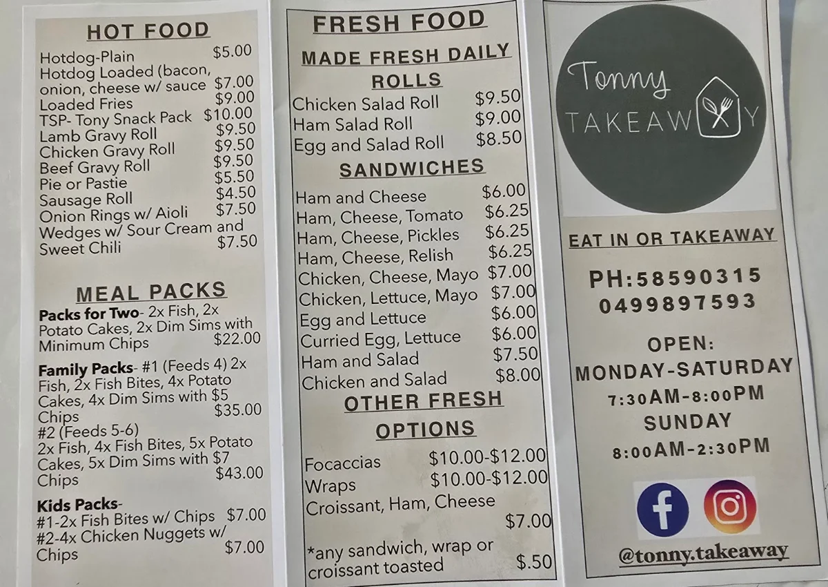 Menu, Tonny Takeaway