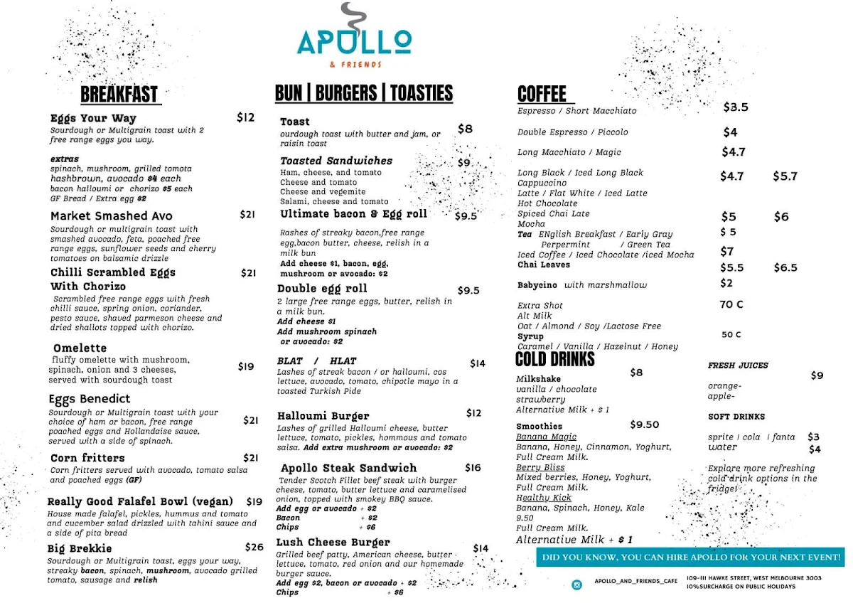 Menu, Apollo Cafe
