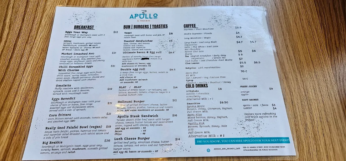 Menu, Apollo Cafe