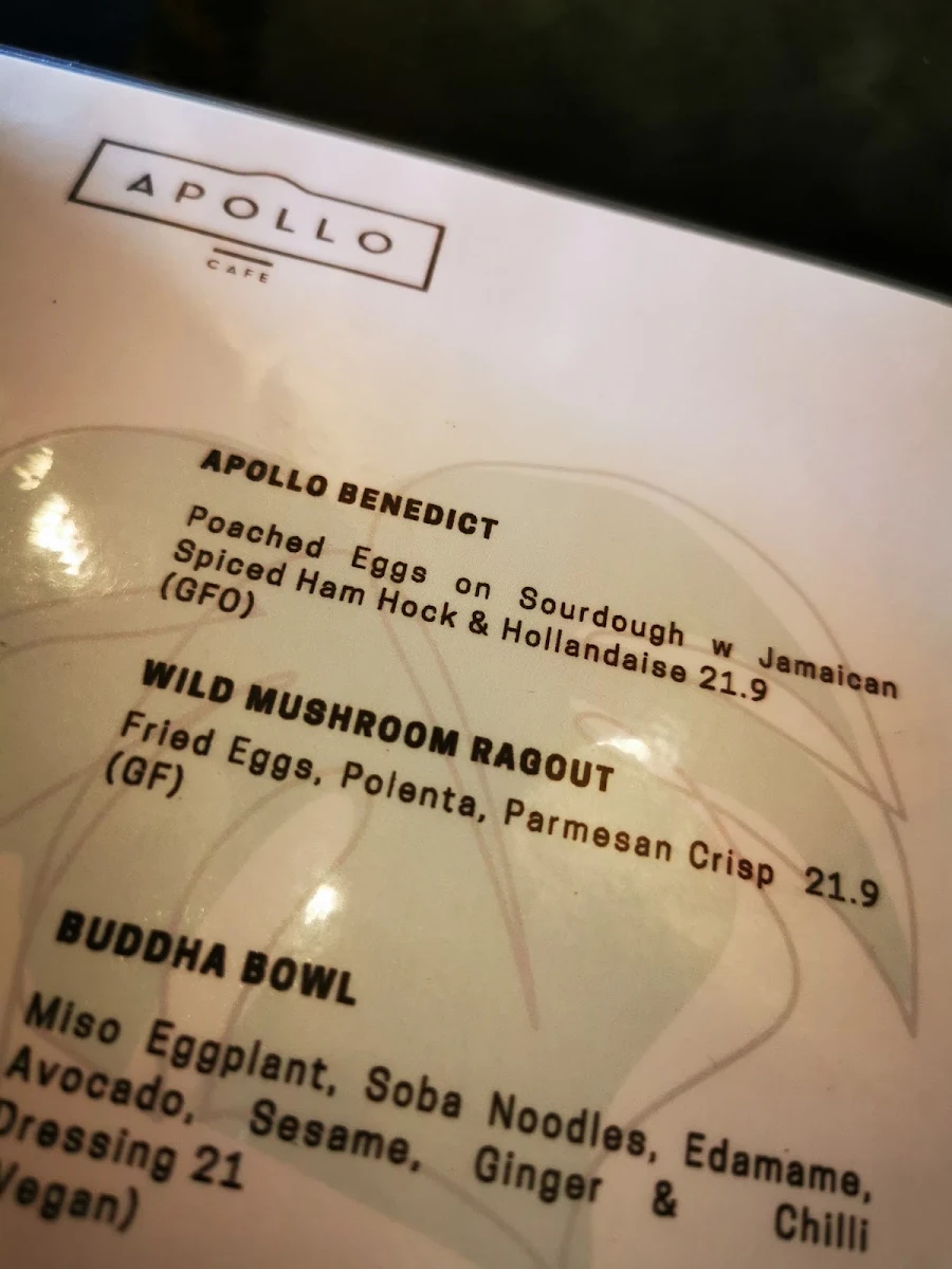 Menu, Apollo Cafe