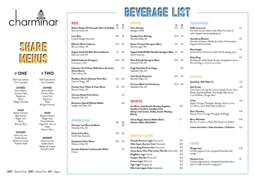 Menu, Charminar Klemzig