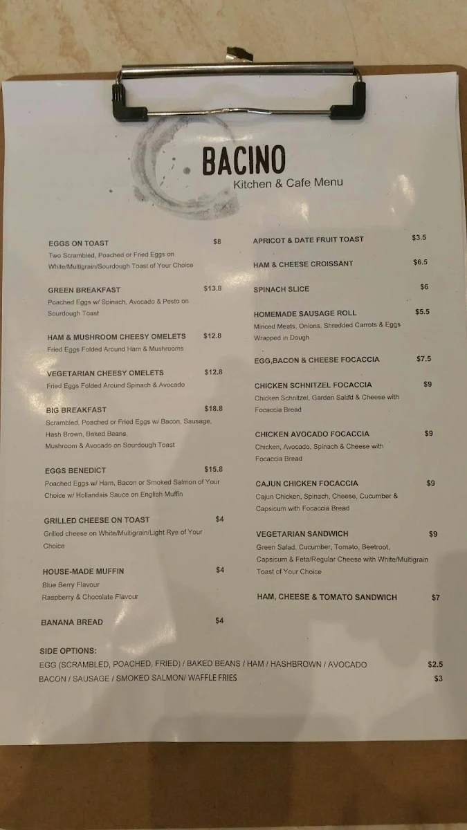 Menu, Cafe Bacino on Burke