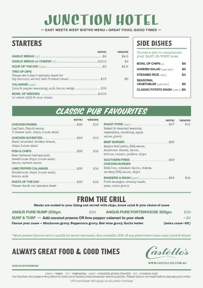 Menu, Junction Hotel