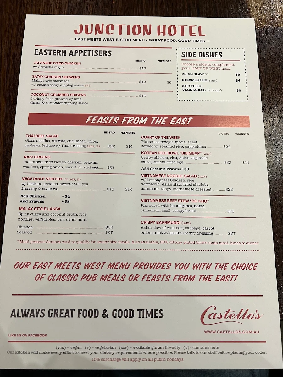 Menu, Junction Hotel