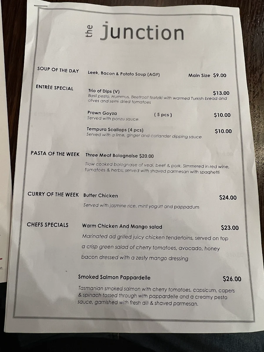 Menu, Junction Hotel