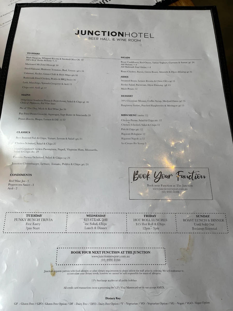 Menu, Junction Hotel