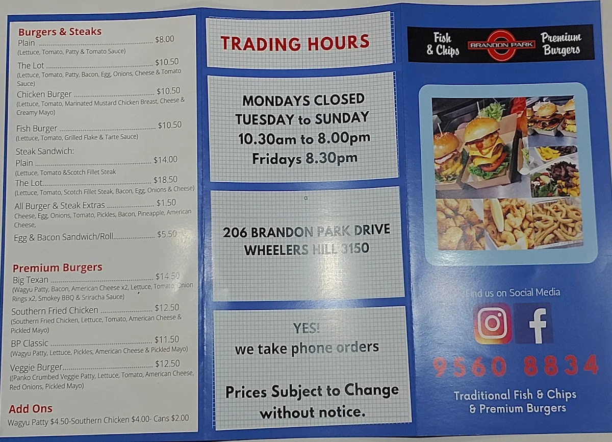 Menu, Brandon Park Fish & Chips