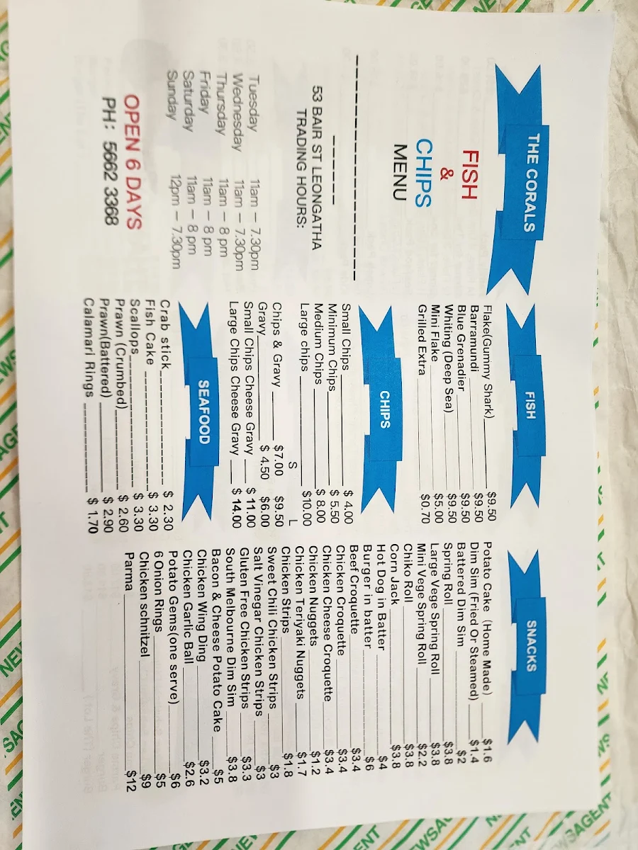Menu, The Corals Fish & Chips