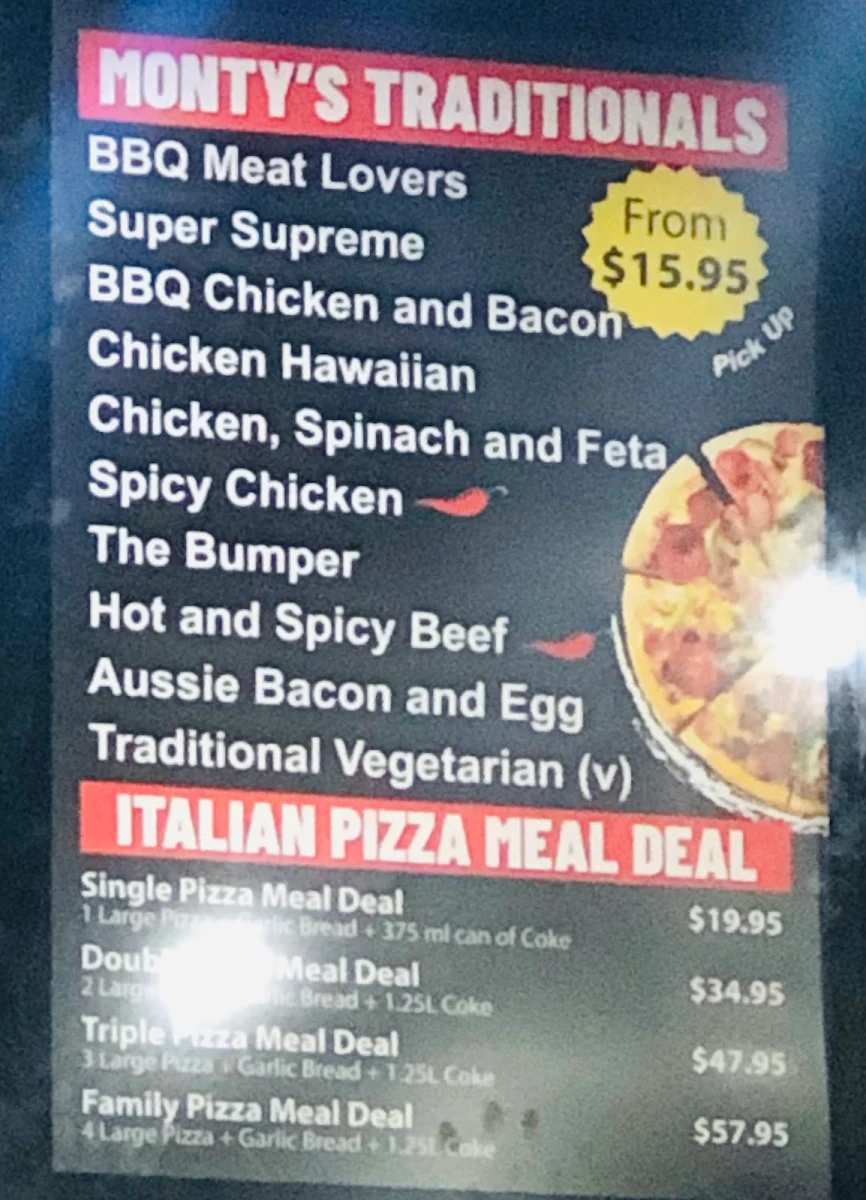 Menu, Monty's Pizza Pendle Hill