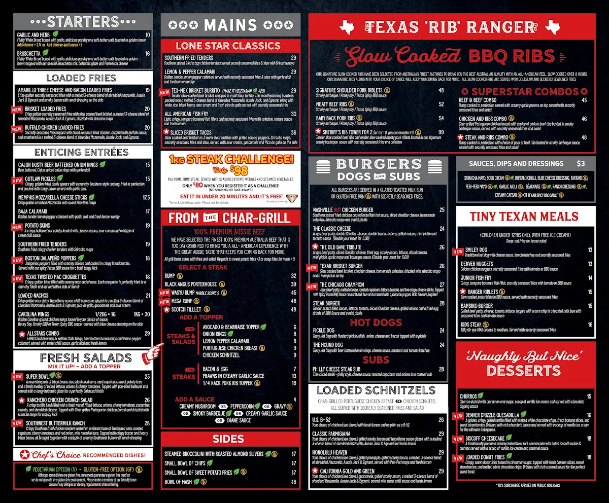 Menu, Lone Star Rib House Toowoomba