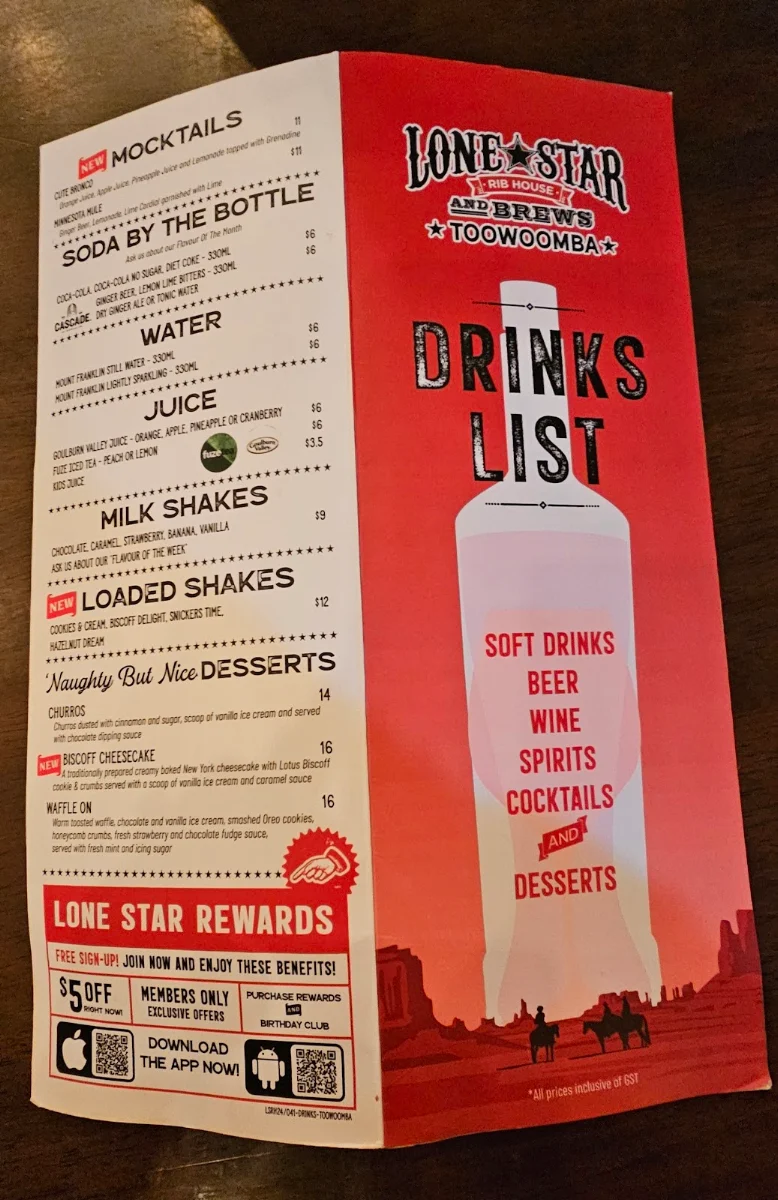 Menu, Lone Star Rib House Toowoomba