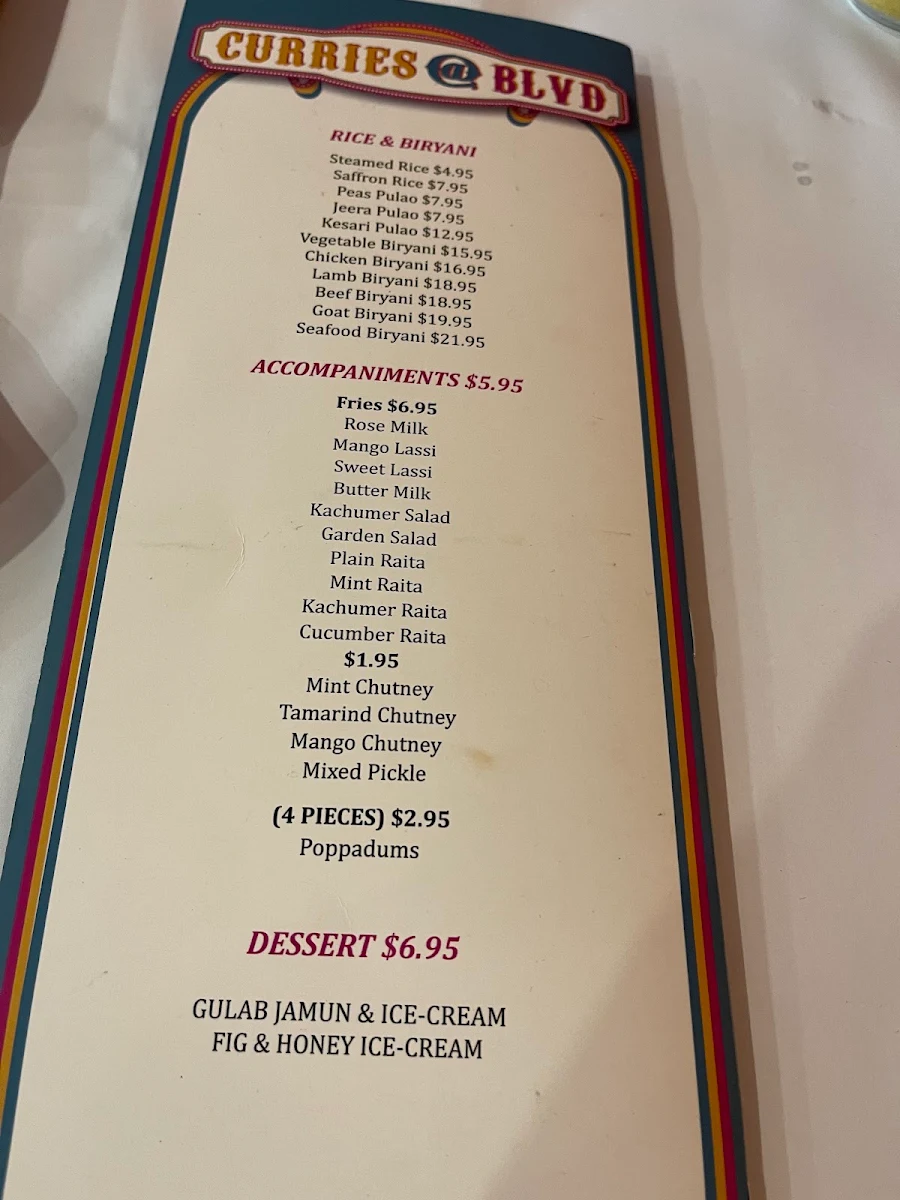 Menu, Curries @ BLVD
