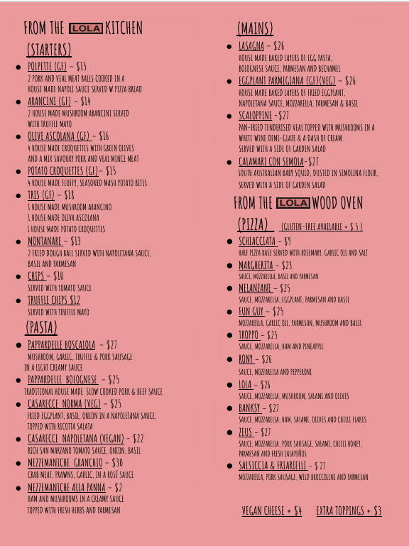 Menu, Pizzalola