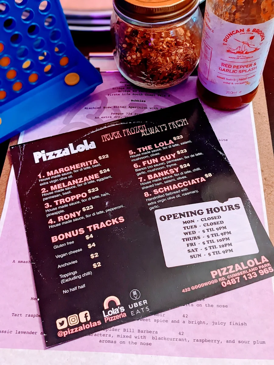Menu, Pizzalola