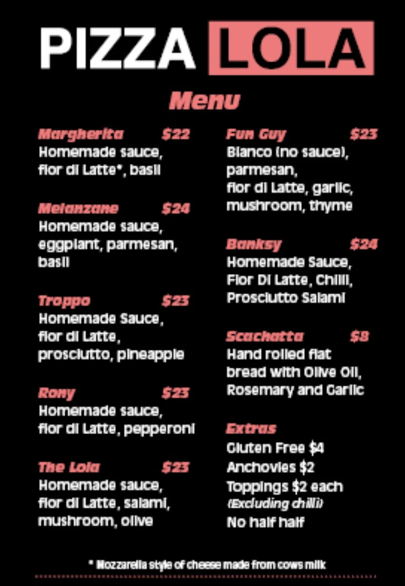 Menu, Pizzalola