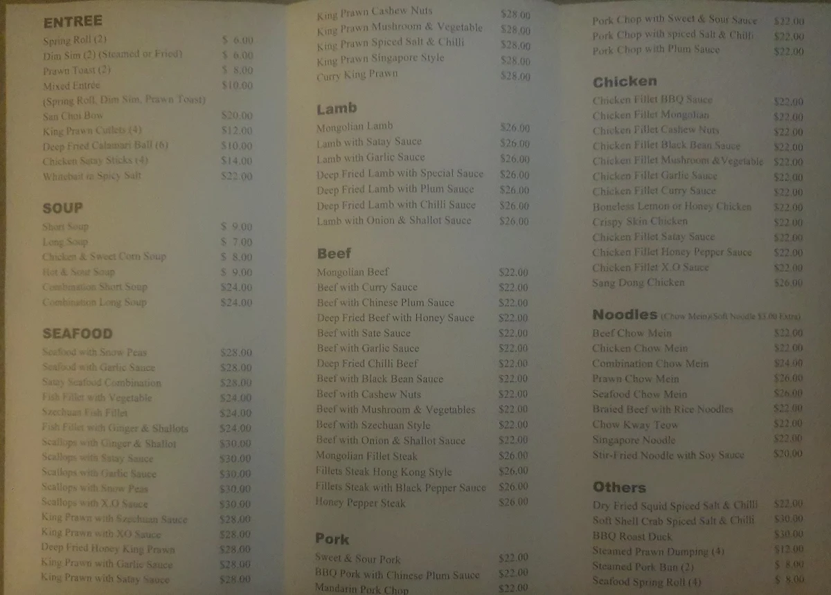 Menu, Jimmy's Palace