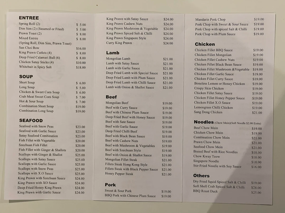 Menu, Jimmy's Palace