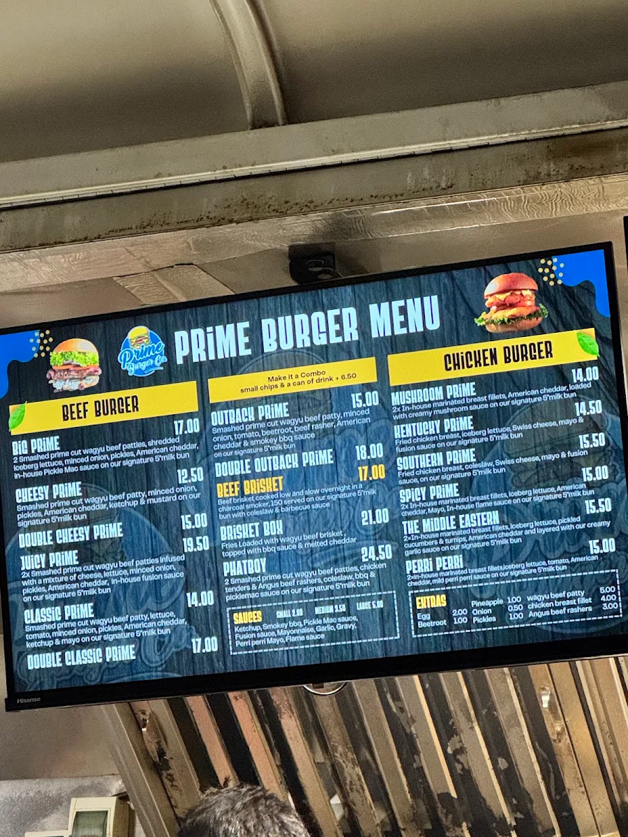 Menu, Prime Burger Co