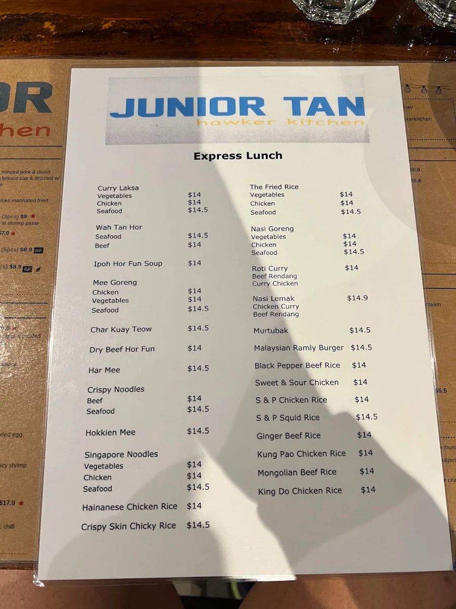 Menu, Junior Tan Hawker Kitchen