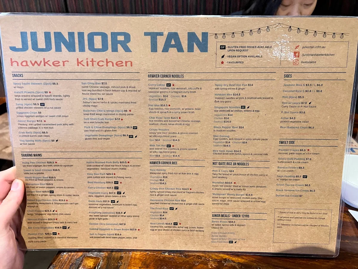 Menu, Junior Tan Hawker Kitchen