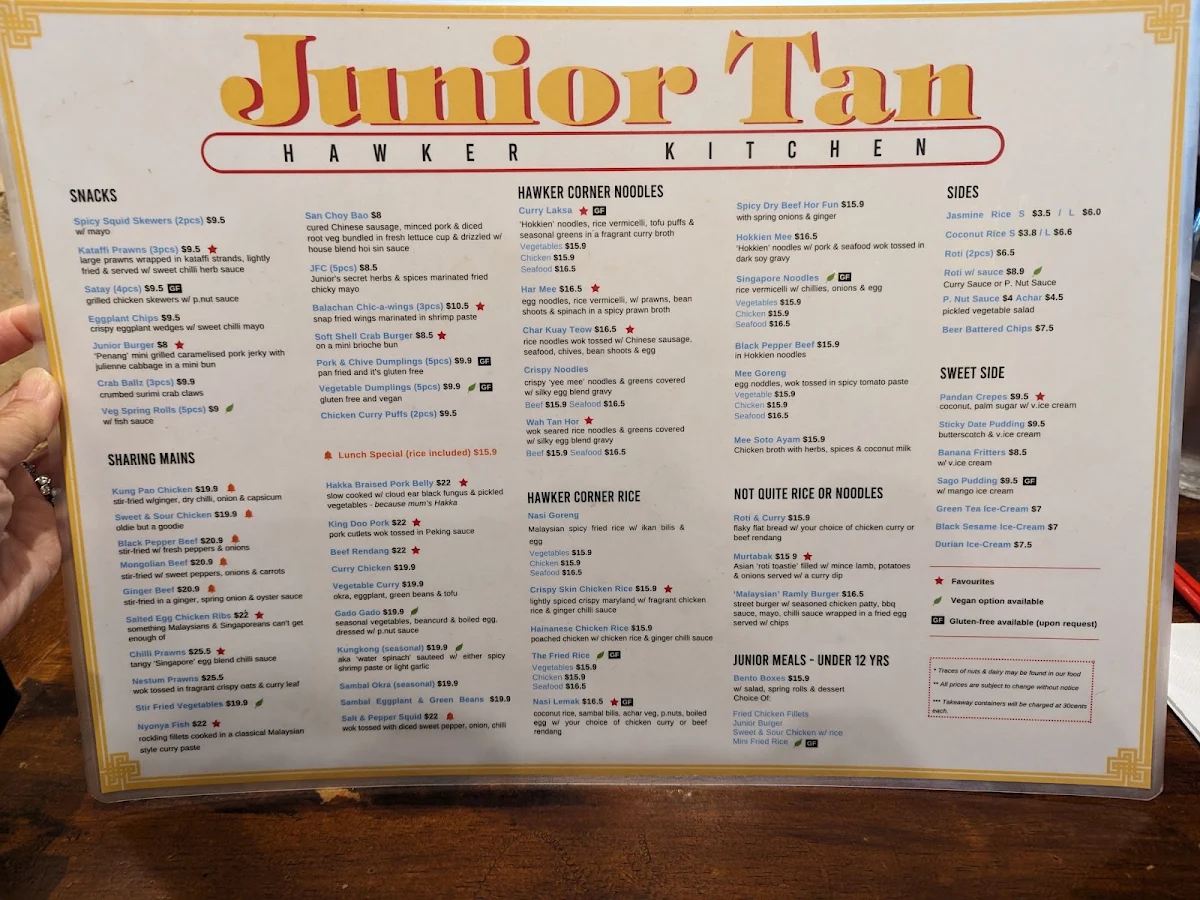 Menu, Junior Tan Hawker Kitchen