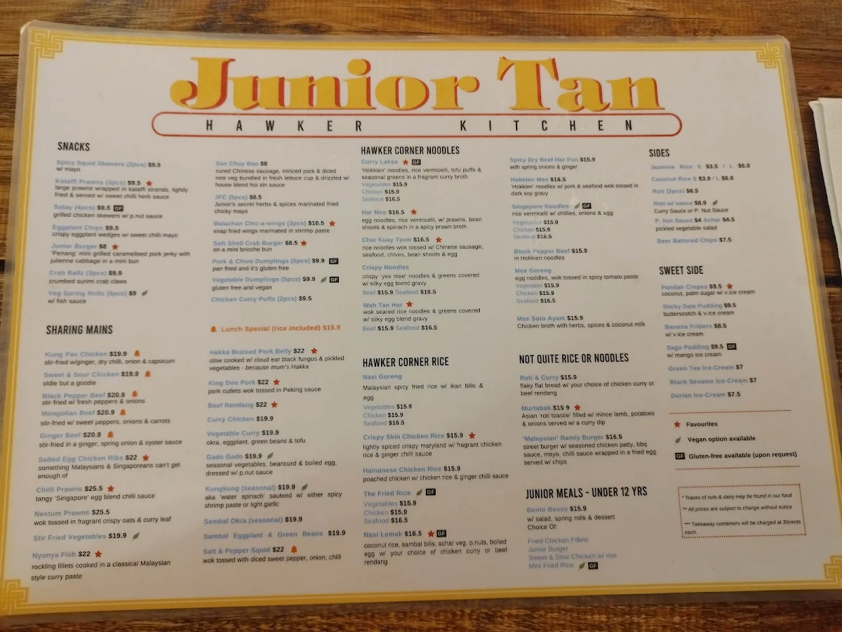 Menu, Junior Tan Hawker Kitchen