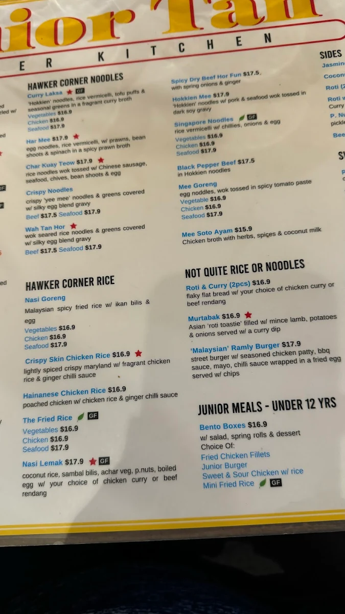 Menu, Junior Tan Hawker Kitchen